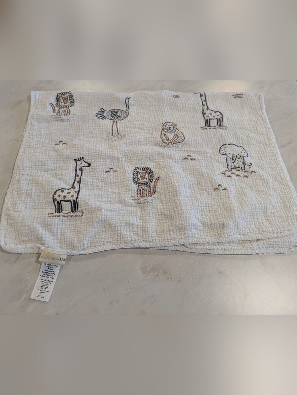 Pottery Barn Kids White Cotton Muslin Blanket with Safari Animals